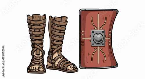 Ancient warrior's brown leather sandals and red shield with metal boss