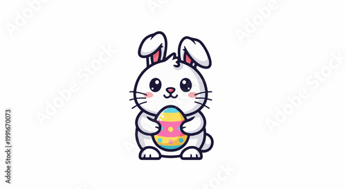 Adorable cartoon bunny holding a colorful decorated egg against white