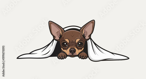 Adorable cartoon chihuahua peeking out from under a white blanket