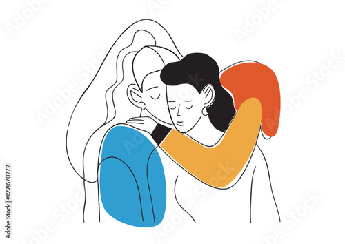 そっと寄り添い支え合う二人の優しさと共感を描いたイラスト
