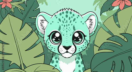 Adorable cartoon cheetah cub peeking from lush jungle foliage