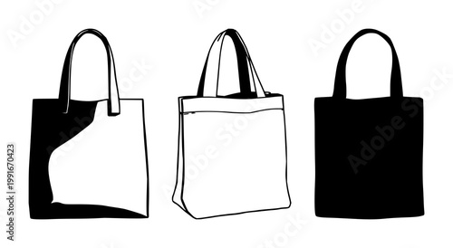 Solid black icon, white background: reusable canvas grocery bag set with simple line art design featuring outline, illustration, graphic elements with clean design and vector art