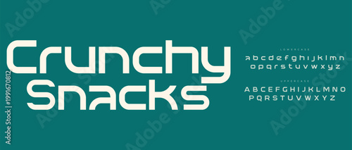 A modern font design for a snack brand with alphabet letters on a green background