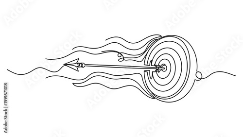 Single Line Drawing of Arrow Hitting Bullseye Target.