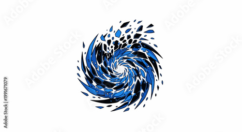 Abstract swirling vortex of fragmented blue and black shapes