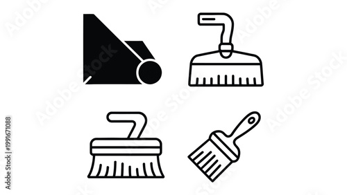 Cleaning Icons Set: A concise set of cleaning-related icons, perfect for representing a range of housekeeping tasks and chores. This minimalist design emphasizes clarity and versatility.