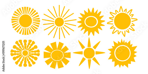 Large collection of various sun shapes and sunburst symbols. Different ray in geometric hand drawn styles. Vector illustration