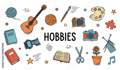 Hobbies icons showing various creative activities and tools