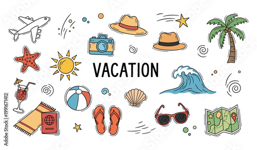 Vacation items arranged as summer doodles on white background