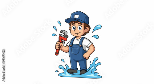 Cartoon plumber in blue overalls, white shirt, blue cap holding wrench