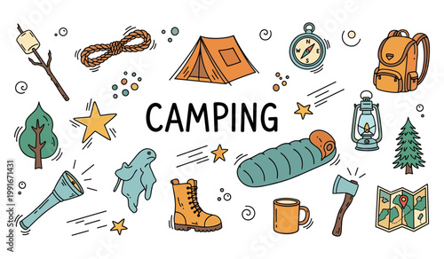 Camping icons arranged with gear and text on white background