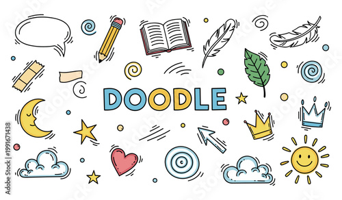 Doodle elements scattered across white page background