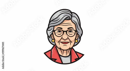 Cartoon portrait of a smiling elderly woman with gray hair, glasses, and red jacket