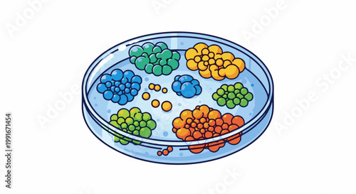 Cartoon petri dish with colorful colonies and small spheres