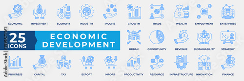 Economic Development Icon Set Collection. Containing Investment, Economy, Industry, Income, Growth, Enterprise, Opportunity, Revenue, Sustainability, and Strategy. Simple Blue Icon Vector Illustration