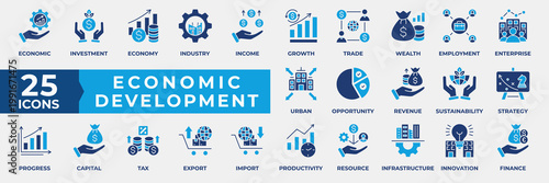 Economic Development Icon Set Collection. Containing Investment, Economy, Industry, Income, Growth, Opportunity, Revenue, Sustainability, and Strategy. Simple Flat Blue Icon Vector Illustration.