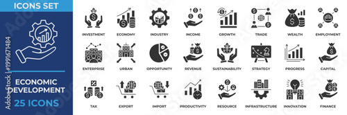 Economic Development Icon Set. Containing Investment, Economy, Industry, Income, Growth, Opportunity, Revenue, Sustainability, and Strategy. Solid Style Icon Vector Illustration.