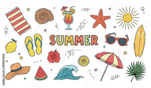 Summer symbols depicting relaxation and beach elements on white