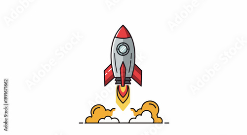Cartoon rocket launching with fiery exhaust and smoke clouds, isolated