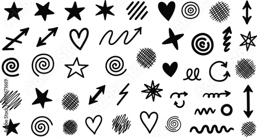 Set of Black Hand-Drawn Icons Featuring Stars, Hearts, Arrows, Swirls, and Lightning Bolts for Creative Design Elements