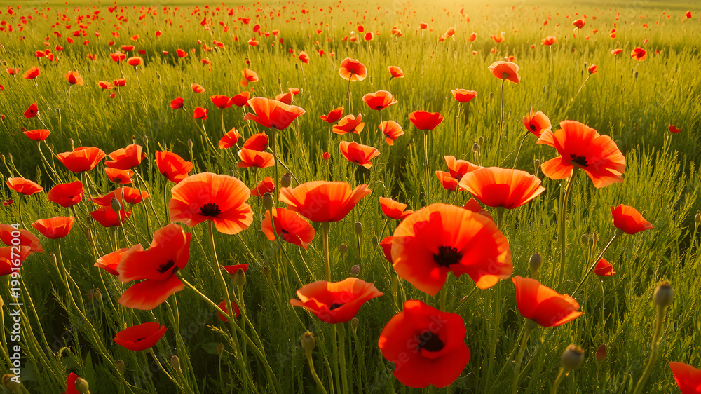 Obraz premium Poppy field wall art print featuring a blooming landscape, celebrating natural beauty, harmony, and vibrant floral elegance.