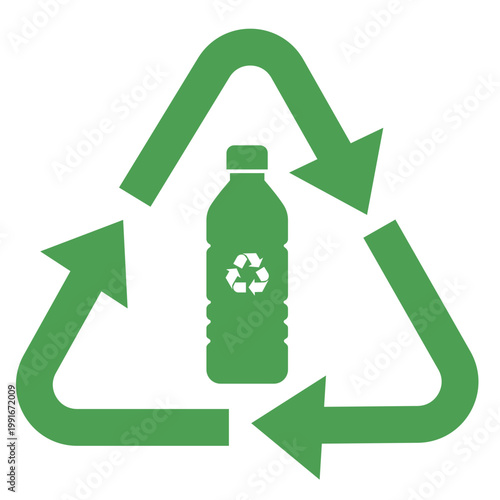Green recycling triangle containing a plastic bottle, PET recycling symbol, ecology concept vector.