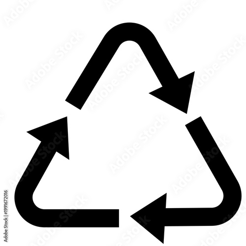 Black triangular recycling arrows with grey tail, classic sustainability symbol, ecology concept vector.