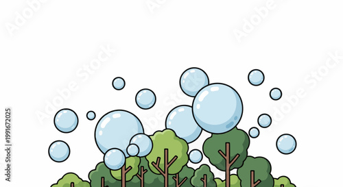 Cartoon trees and translucent bubbles float in a white space