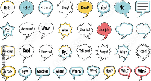 Set of Colorful Speech Bubbles with Expressions and Phrases Including "Hello", "Yes", "Wow", "Good Job", "Goodbye" for Communication Design