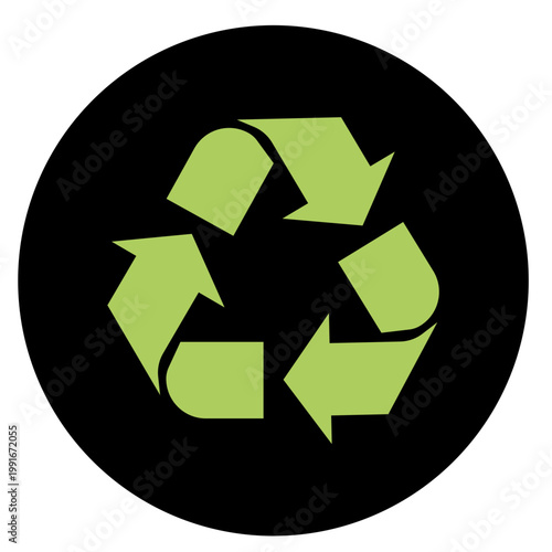 Black circle background with green recycling symbol, sustainability icon, ecology concept vector.