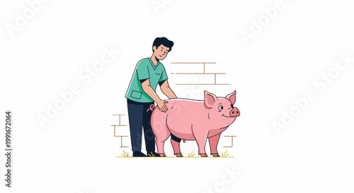 Cartoon vet gently pats a happy pink pig in front of a brick wall