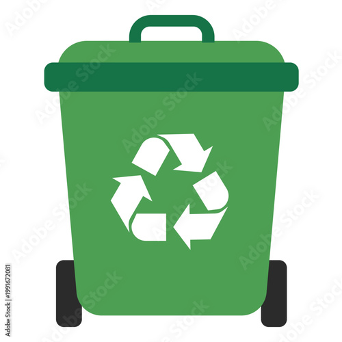Green wheelie bin with recycling symbol, large waste collection container, ecology icon design.