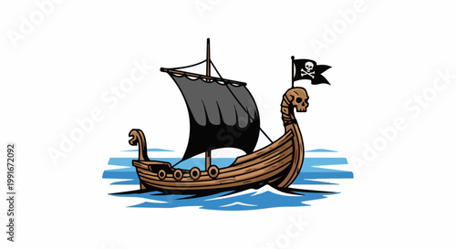 Cartoon Viking longship with black sail and skull figurehead sails on water
