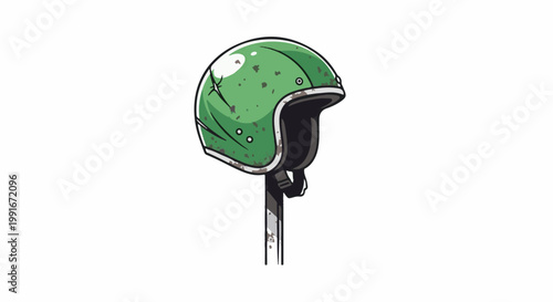 Cartoon vintage green helmet on a textured stand
