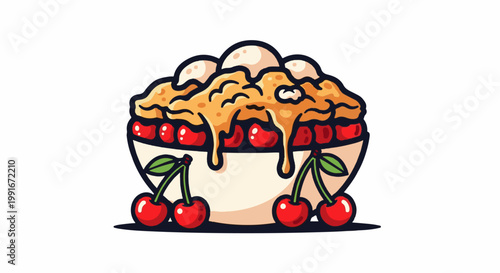 Cartoonish ice cream sundae with dripping topping and cherries