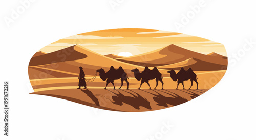 Caravan of camels trekking across vast desert sand dunes under a setting sun