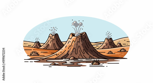 Cartoonish volcanic landscape with steaming cones and barren terrain