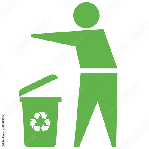 Person throwing trash into recycling bin, proper waste disposal behavior, ecology concept, vector illustration icon.