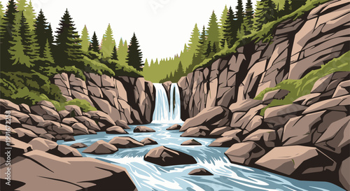 Cascading waterfall plunges into a rocky riverbed amidst pine forest