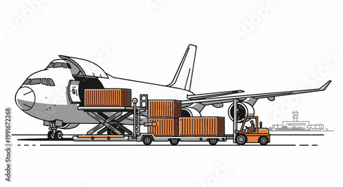 Cargo plane being loaded with containers at an airport by a forklift
