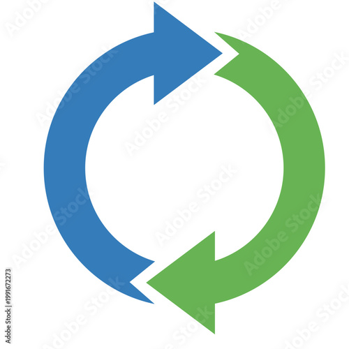 Blue and green circular recycling arrows, sustainability symbol, ecology concept, vector illustration icon.