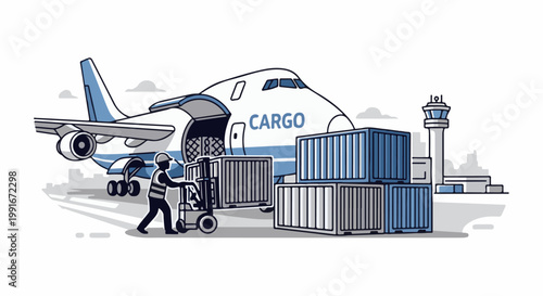 Cargo plane loading containers at airport with worker and tower