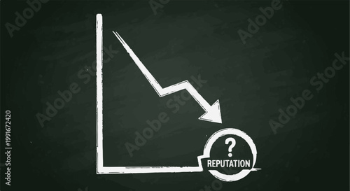 Chalkboard graph shows a downward trend with a question mark over reputation