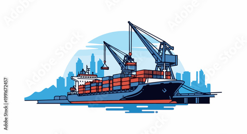 Cargo ship being loaded with containers by cranes at a dock