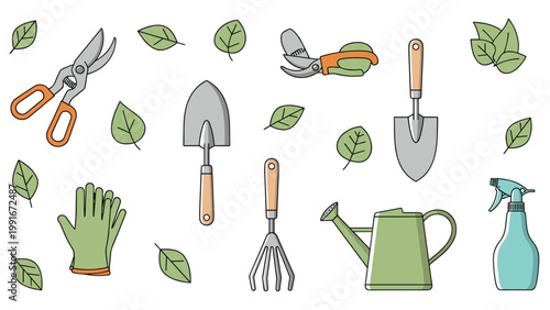 Collection of essential gardening tools like a watering can shears trowel and gloves is shown for backyard hobbyist use.