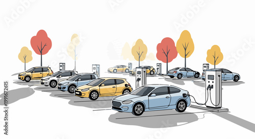 Cars charging at electric stations amidst autumn trees