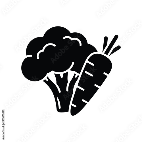 Bold black silhouette icon of a head of broccoli and a single fresh carrot representing healthy vegetable nutrition and organic produce for culinary and dietary themed graphic design projects