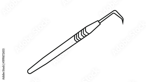 Simple black and white outline illustration of a professional dental explorer tool used by dentists for teeth examinations.