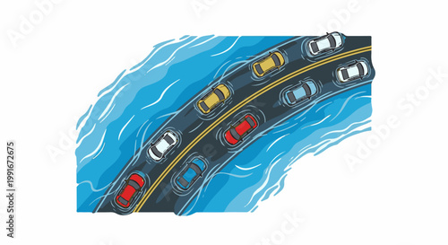 Cars driving on a flooded road with blue water waves