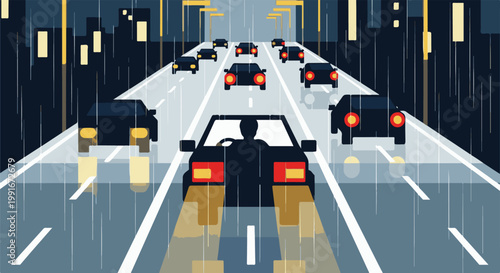 Cars on a wet highway at night with city lights in background